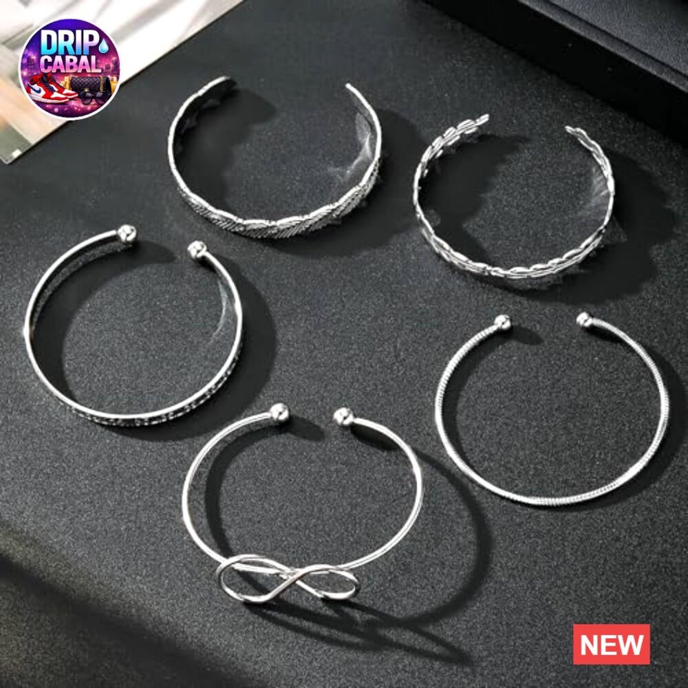 Silver Bangle Bracelet Set Stackable Boho Chunky … - image 5